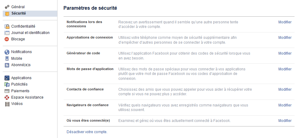 désactiver compte facebook