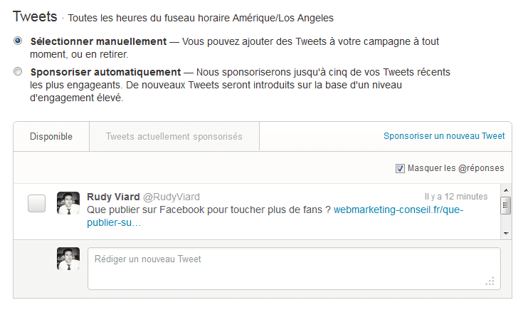 sélection manuelle ou automatique des tweets sponsorisés