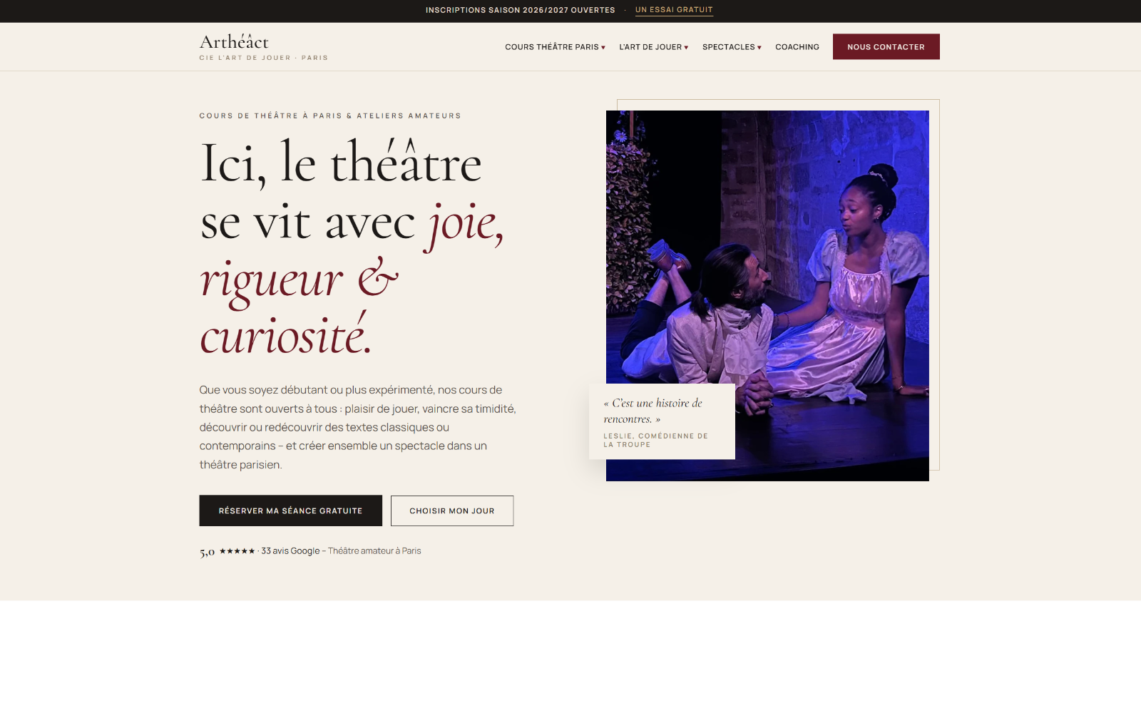 Site internet Arthéact - cours de théâtre à Paris