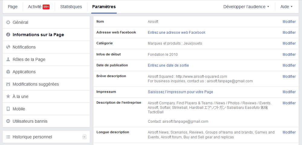informations page facebook