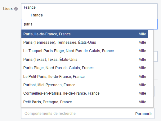 ciblage par ville facebook