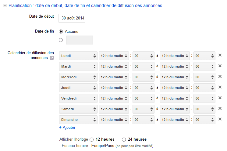 planifier campagne adwords