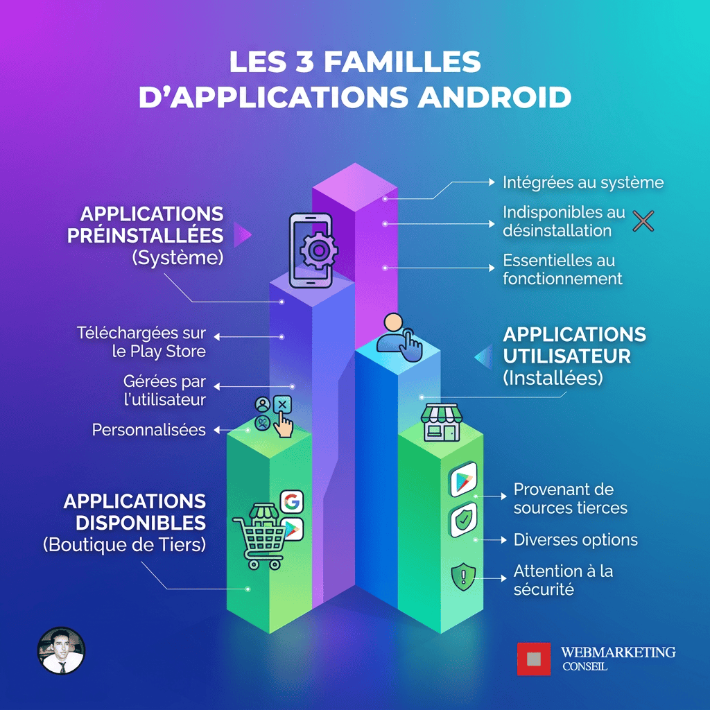 Infographie des 3 familles d'apps Android