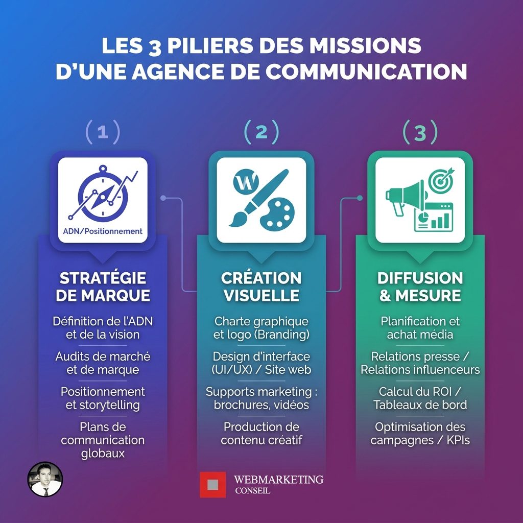 Infographie 3 piliers agence communication