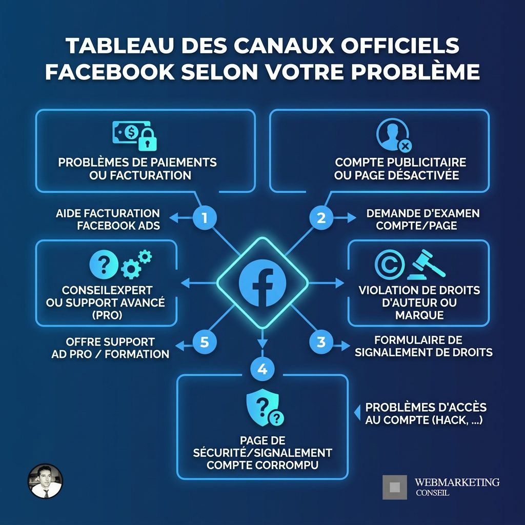 Infographie canaux support Facebook