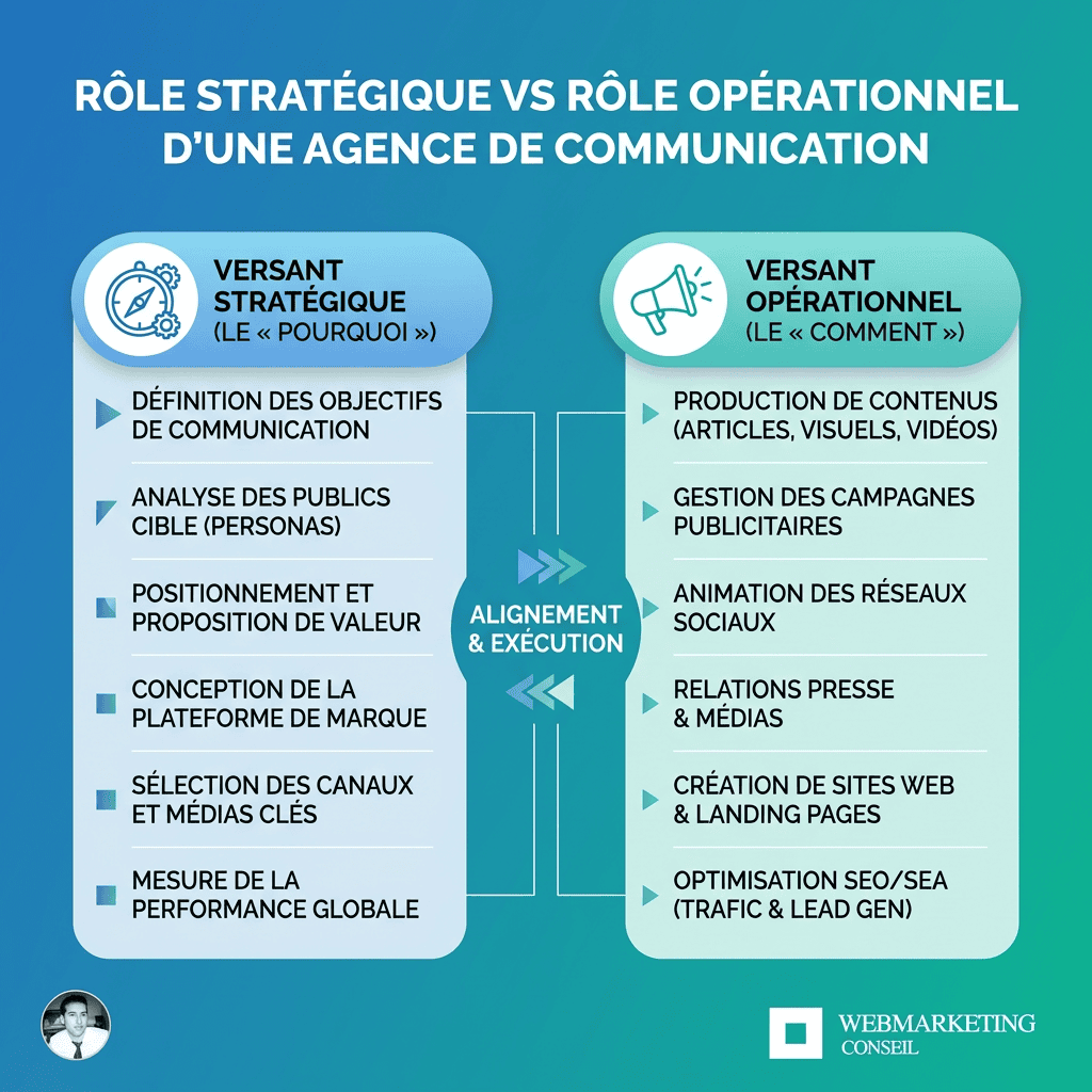 Infographie stratégie vs opérationnel agence communication