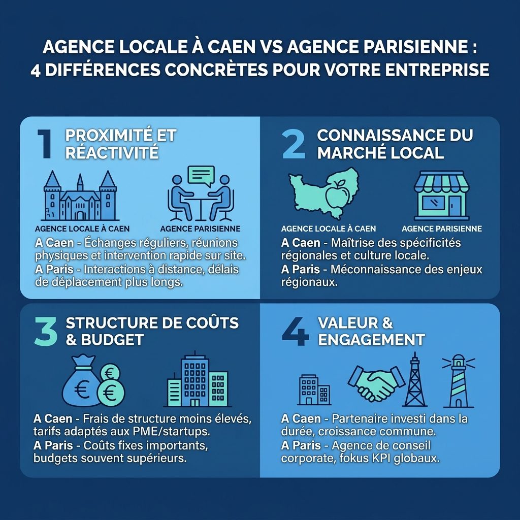 Infographie agence locale Caen versus agence nationale