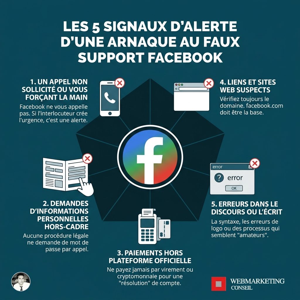 Signaux arnaque support Facebook