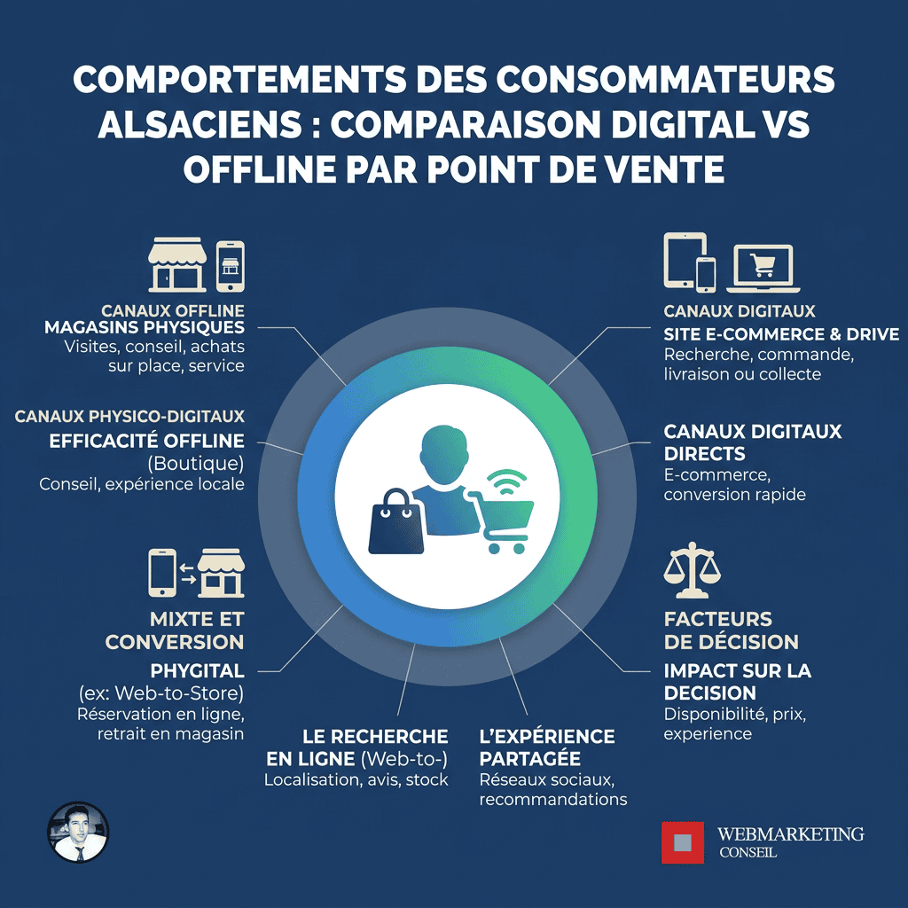 Infographie comportements consommateurs Mulhouse digital offline