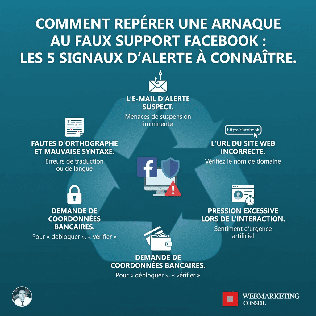 Infographie arnaques faux support Facebook