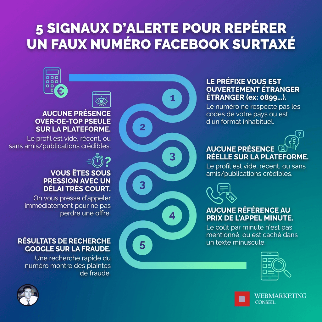 Infographie arnaques faux numéros Facebook