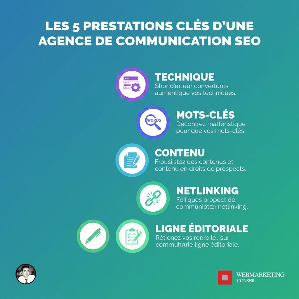 Infographie prestations agence communication SEO