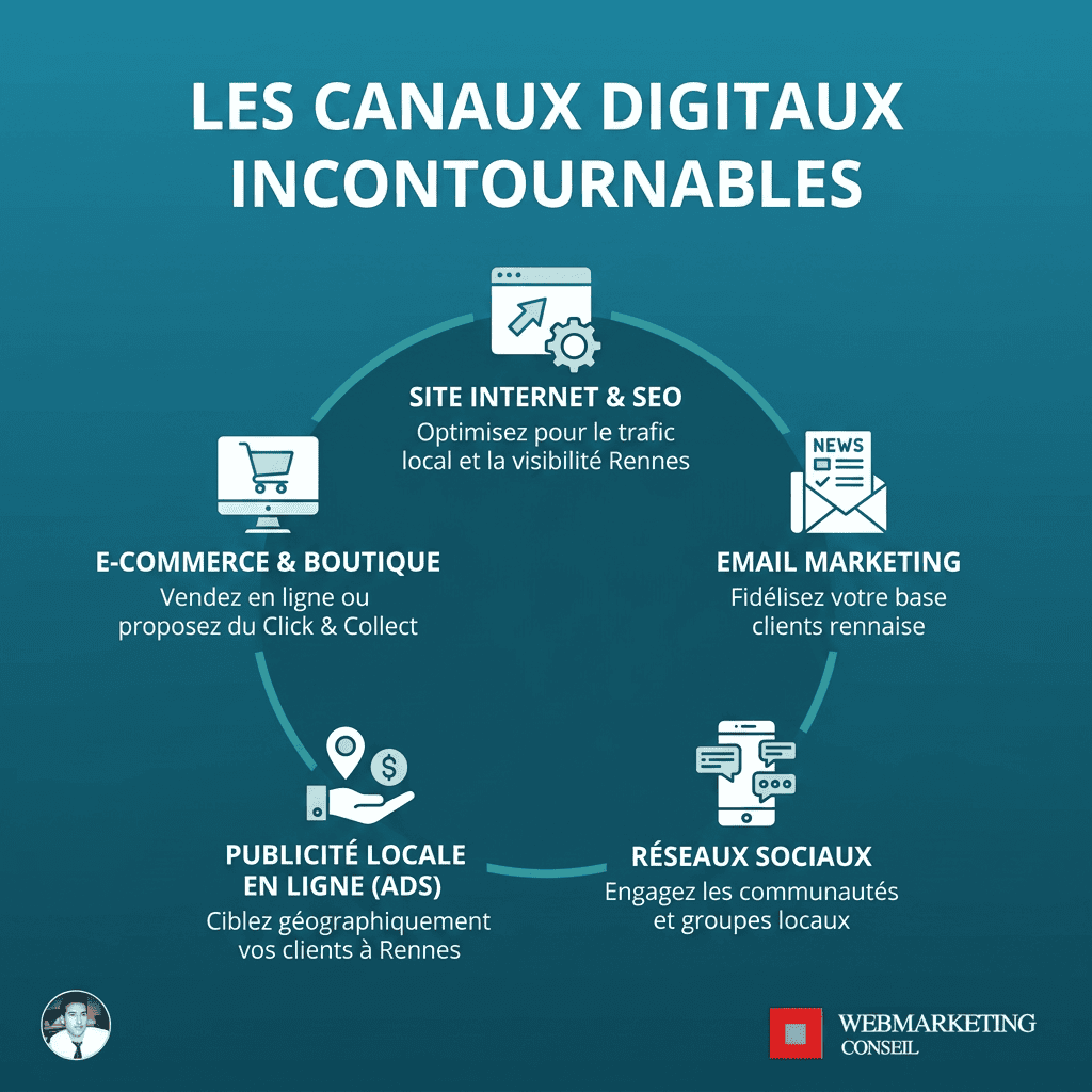 Infographie canaux digitaux SEO réseaux sociaux email Rennes