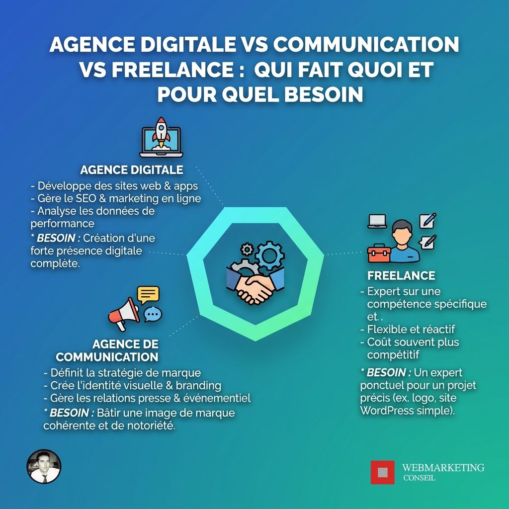 Tableau comparatif agence digitale, com et freelance