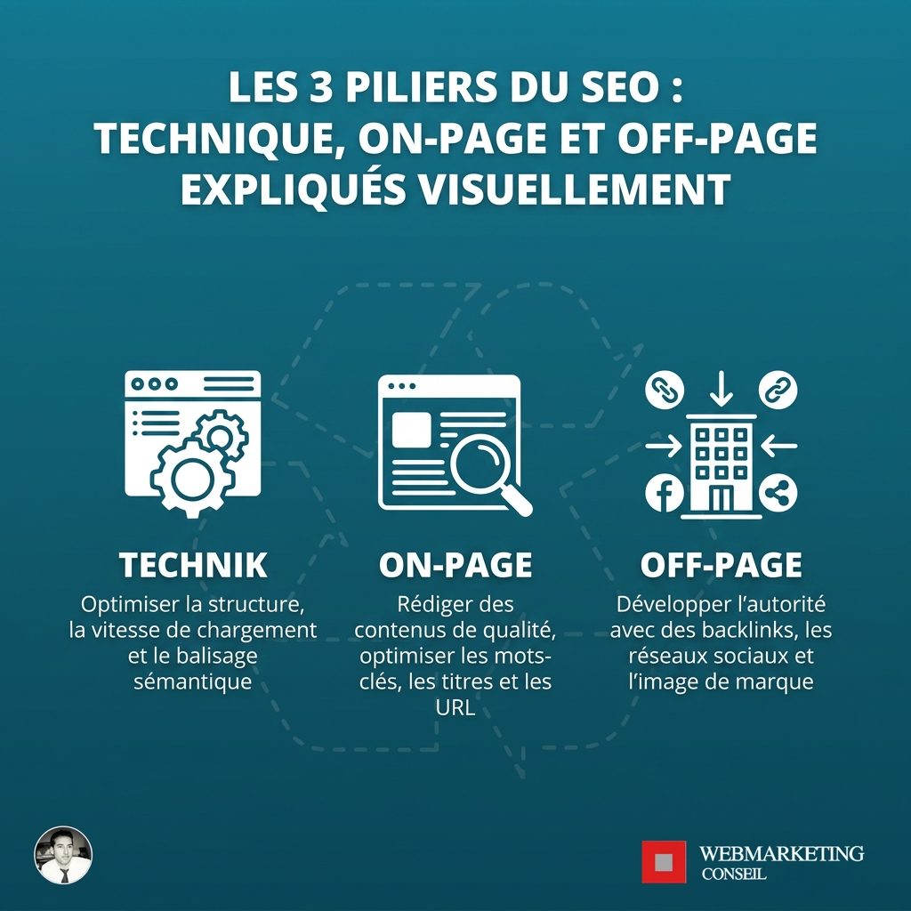 Infographie 3 piliers référencement naturel