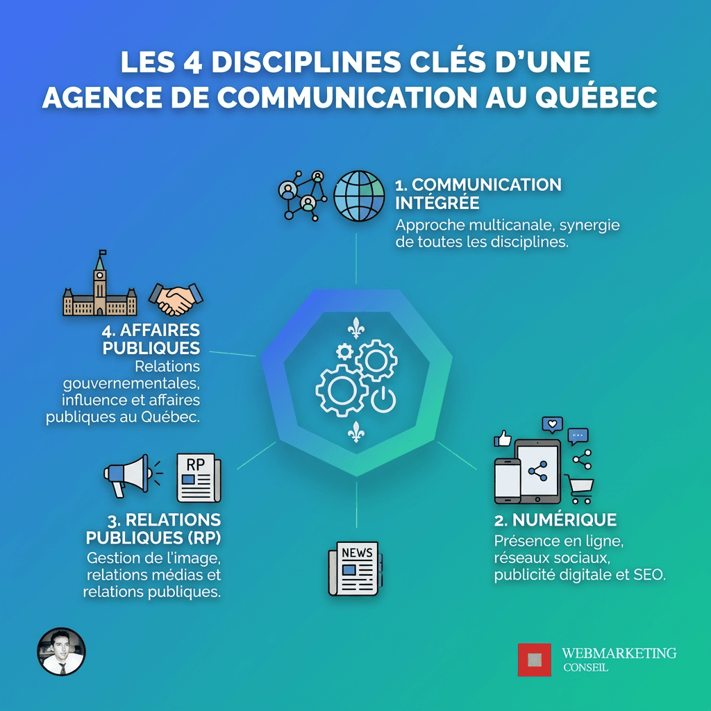 Infographie 4 disciplines agences communication Québec