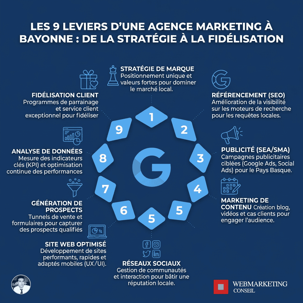 Infographie leviers agence marketing Bayonne